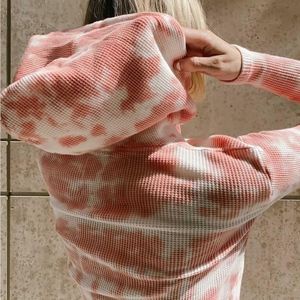 La Detresse Pink Tie Dye Cropped Hoodie XS Waffle Knit Long Sleeve Pullover